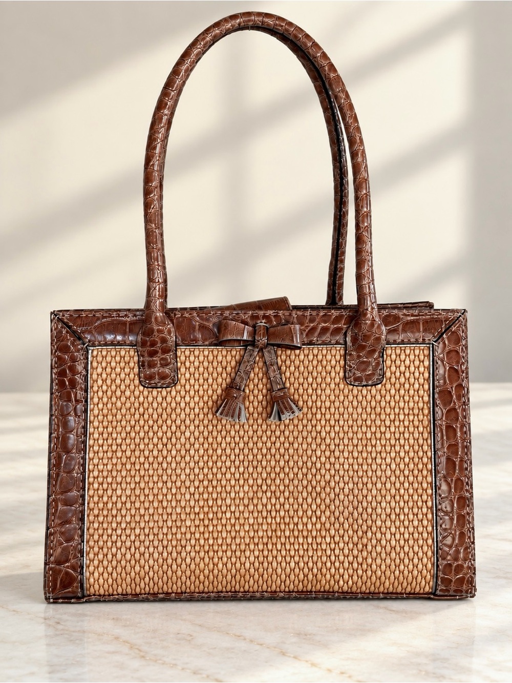 Liz Claiborne Brown Faux Croc Embossed Woven Raffia Structured Mini Tote Bag